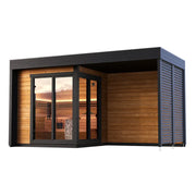 Leil Patio S Plus Gartensauna mit Überdachung, Holzinnenraum mit Glastür und schwarzem Rahmen