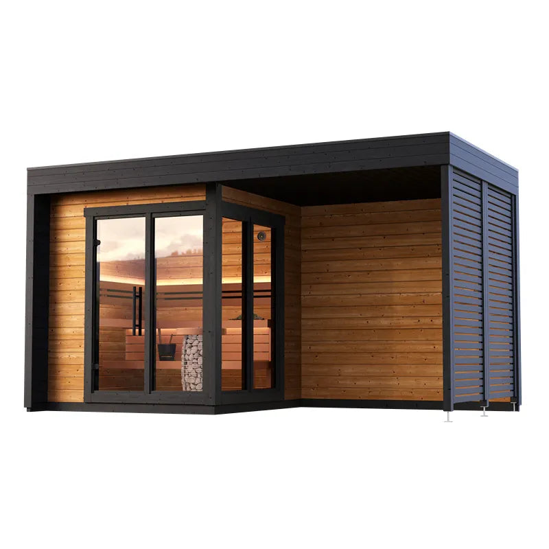Leil Patio S Plus Gartensauna mit Überdachung, Holzinnenraum mit Glastür und schwarzem Rahmen