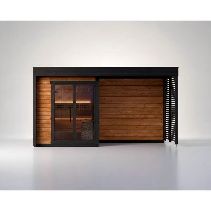 Leil Patio S Plus Gartensauna mit Überdachung von Leil Saunas, modernes Design mit schwarzem Rahmen, Holzverkleidung und großer Glastür