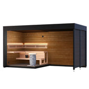 Leil Patio S Plus Gartensauna mit Überdachung von Leil Saunas, Holzinnenraum mit Bänken und Ofen