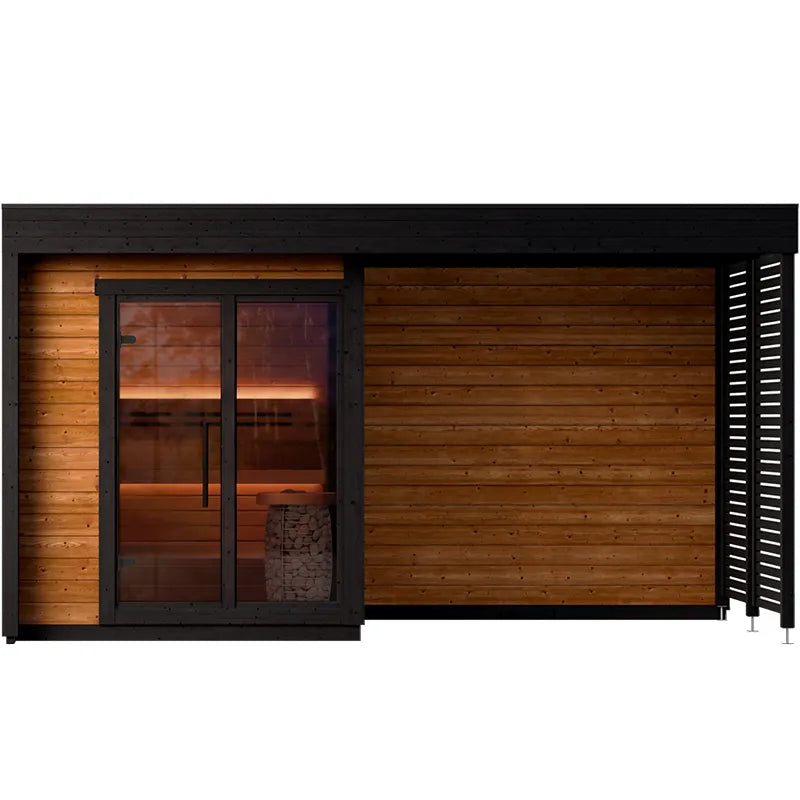 Leil Patio S Plus Gartensauna mit Überdachung von Leil Saunas, moderne Außensauna mit schwarzem Rahmen, Holzverkleidung und Glastüren