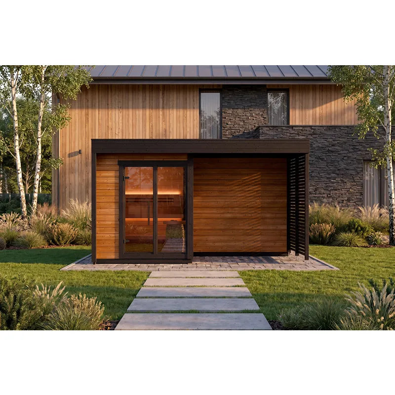 Leil Patio S Plus Gartensauna mit Überdachung in modernem Gartendesign, Holzfassade mit beleuchteten Innenraum