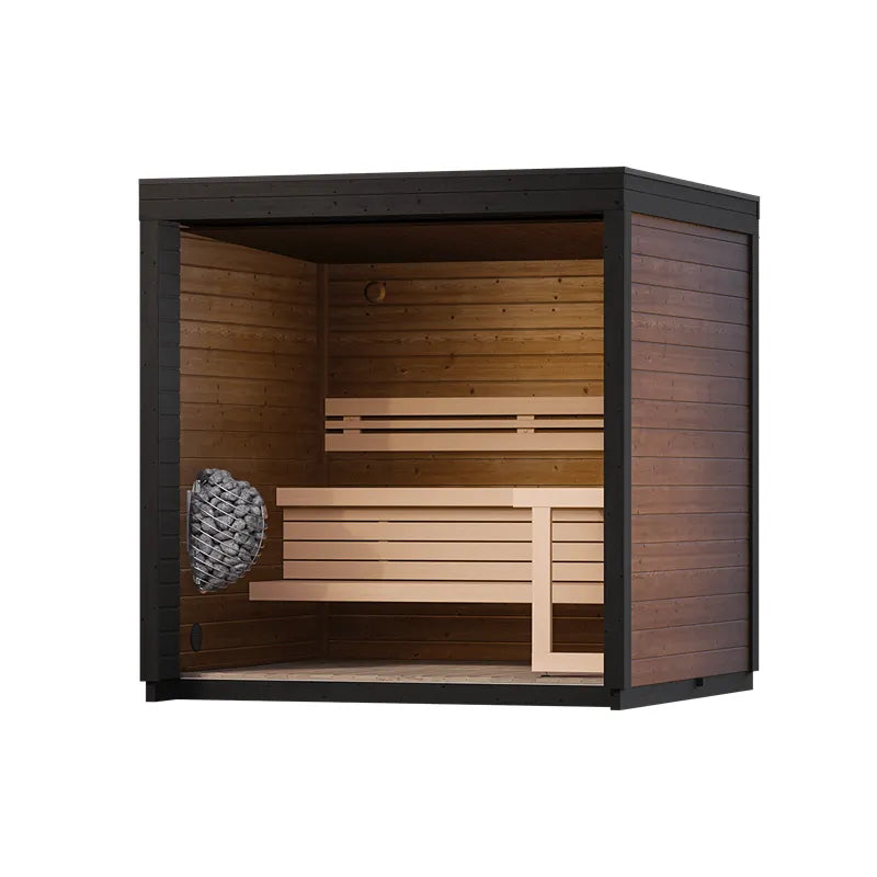 Leil® Patio XS Gartensauna von Leil® Saunas mit schwarzem Außenrahmen, Holzinnenraum, Holzbänken und Saunaofen