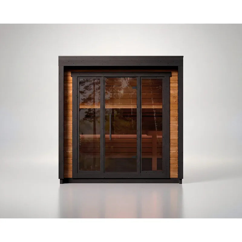 Leil® Patio XS Gartensauna 4 Personen 4,9 m² von Leil® Saunas mit schwarzem Rahmen, Glastüren und Holzinnenraum