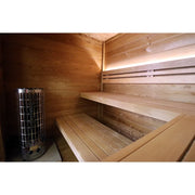 Leil® Patio XS Gartensauna Innenraum mit Holzbänken und Harvia-Ofen