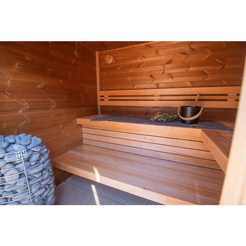 Leil® Patio XS Gartensauna Innenraum mit Holzbänken, Saunasteine und Zubehör