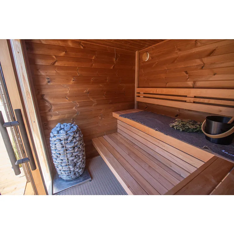 Leil® Patio XS Gartensauna 4 Personen Innenraum mit Holzbänken, Saunaofen und Zubehör