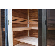 Leil® Patio XS Gartensauna von Leil® Saunas mit Holzbänken auf zwei Ebenen, Innenansicht