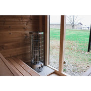 Leil® Patio XS Gartensauna von Leil® Saunas mit Holzinterieur, Saunaofen und Glastüren zum Garten