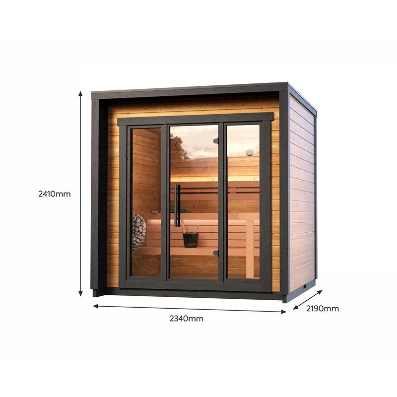 Leil® Patio XS Gartensauna 4 Personen 4,9 m² von Leil® Saunas mit Abmessungen 2340 x 2190 x 2410 mm, Holzverkleidung und großer Glastür