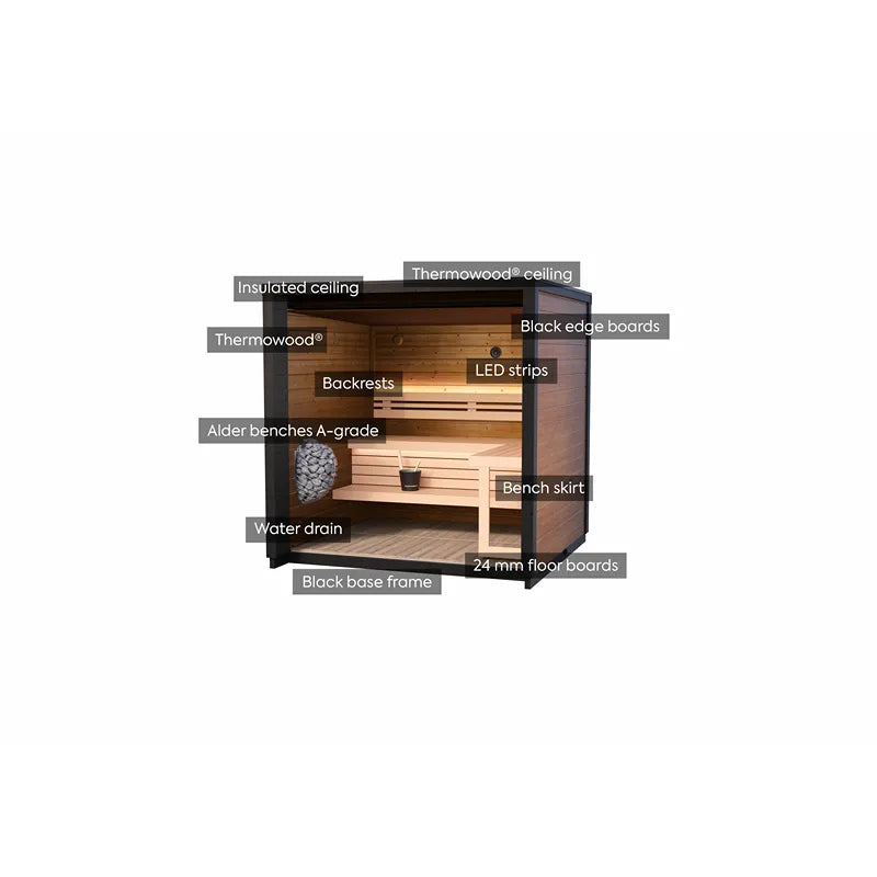 Leil® Patio XS Gartensauna von Leil® Saunas mit Thermowood-Verkleidung, Holzbänken, LED-Beleuchtung und schwarzem Rahmen