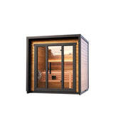Leil® Patio XS Gartensauna 4 Personen mit Holzverkleidung, großen Glastüren und beleuchtetem Innenraum mit Holzbänken