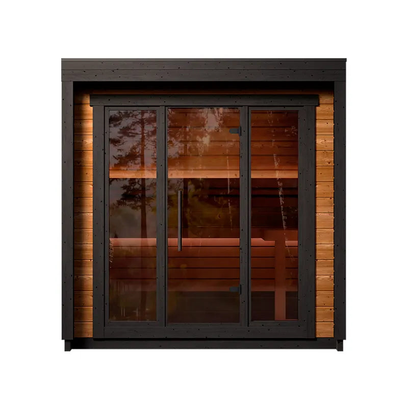 Leil® Patio XS Gartensauna 4 Personen von Leil® Saunas mit schwarzem Rahmen, Glastüren und Holzinnenraum