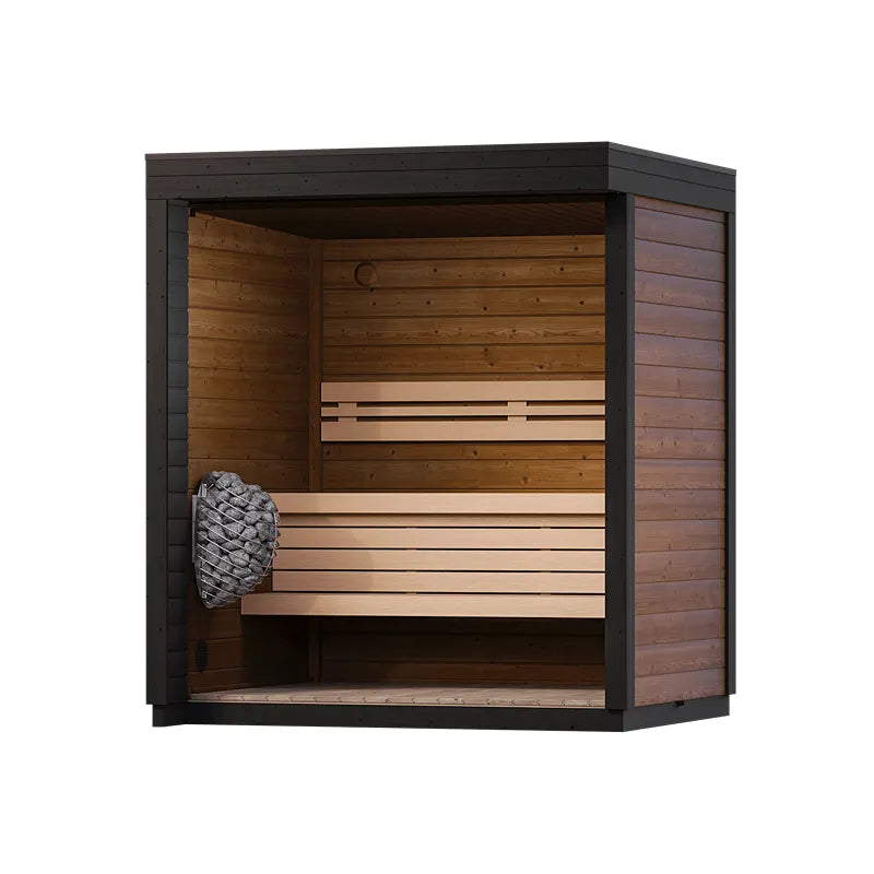 Leil® Patio XXS Gartensauna 3 Personen mit schwarzem Rahmen, Holzinnenraum und Saunaofen