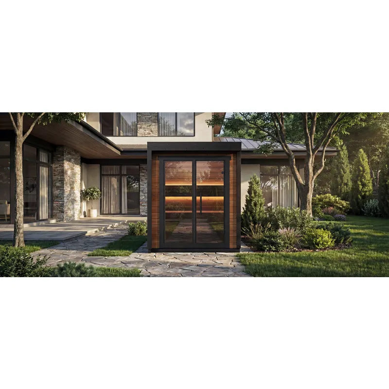 Leil® Patio XXS Gartensauna von Leil® Saunas im modernen Garten vor Haus integriert