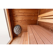 Leil® Patio XXS Gartensauna Innenraum mit Holzbänken und Saunaofen von Leil® Saunas