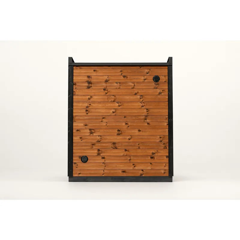 Leil® Patio XXS Gartensauna von Leil® Saunas mit Holzverkleidung und schwarzem Stahlrahmen, Frontalansicht