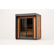 Leil® Patio XXS Gartensauna von Leil® Saunas mit Holzverkleidung, Glastür und Holzbänken im Innenraum