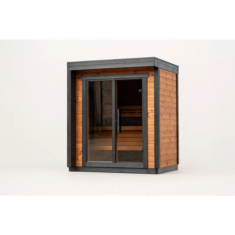 Leil® Patio XXS Gartensauna von Leil® Saunas mit Holzverkleidung, Glastür und Holzbänken im Innenraum