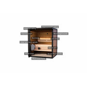 Leil® Patio XXS Gartensauna 3 Personen mit beschrifteten Komponenten: Thermowood-Decke, Holzbänke, LED-Beleuchtung und Bodenbretter