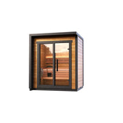 Leil® Patio XXS Gartensauna von Leil® Saunas mit Holzverkleidung, Glastür und Saunainnenraum mit Holzbänken