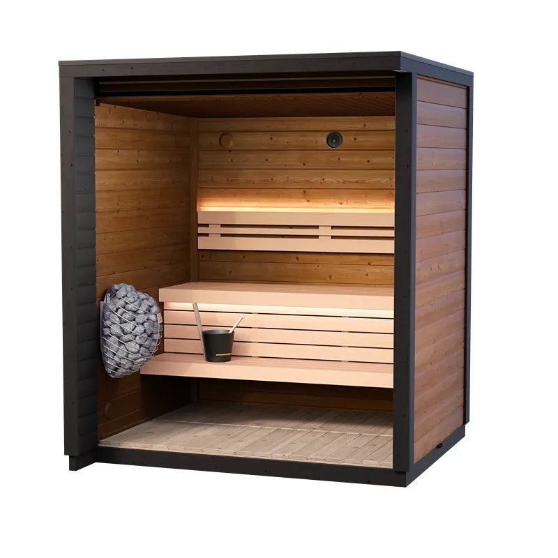 Leil® Patio XXS Gartensauna von Leil® Saunas mit Holzinnenraum, zwei Holzbänken, Saunaofen und Aufgusskübel