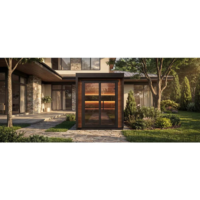 Leil® Patio XXS Gartensauna 3 Personen von Leil® Saunas mit Holzfassade und beleuchteten Glasfenstern in modernem Garten