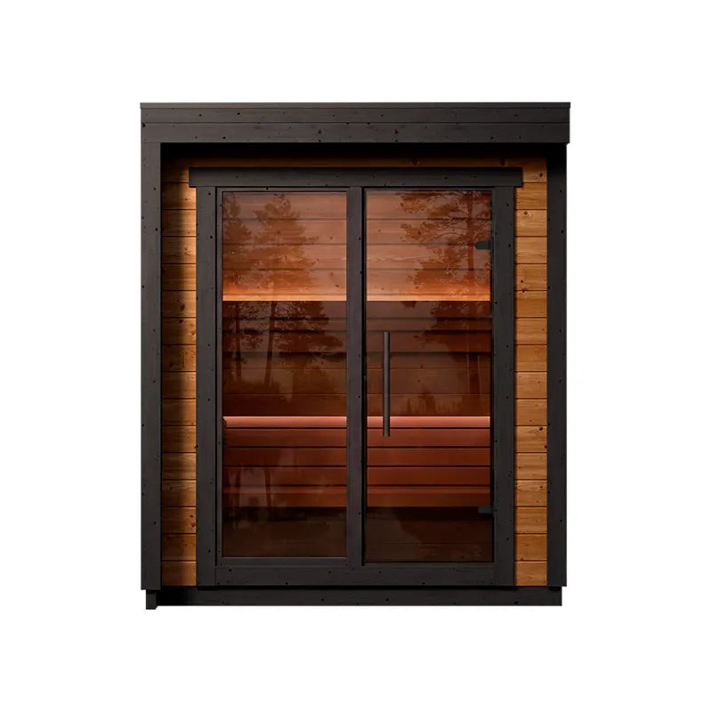 Leil® Patio XXS Gartensauna von Leil® Saunas mit schwarzem Rahmen, Glastüren und Holzinnenraum