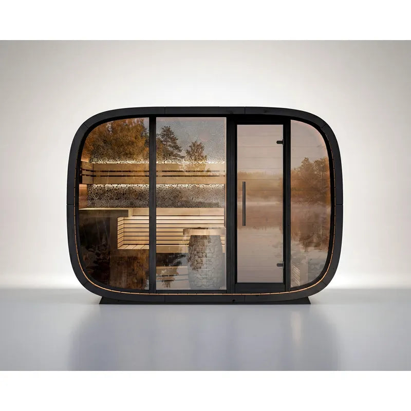 Leil® Round Cube Double Premium Gartensauna 2 Räume von Leil® Saunas mit rundem Design, schwarzem Rahmen und Holzbänken im Innenraum