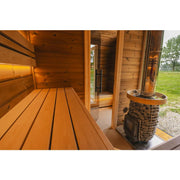 Leil® Round Cube Double Premium Gartensauna mit Holzbänken, Saunaofen und Glastür im Garten