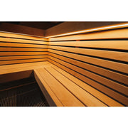Leil® Saunas Leil® Round Cube Double Gartensauna mit Holzbänken und LED-Beleuchtung im Innenraum