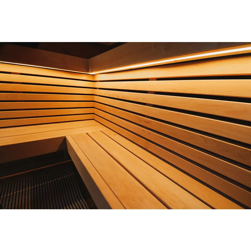 Leil® Saunas Leil® Round Cube Double Gartensauna mit Holzbänken und LED-Beleuchtung im Innenraum