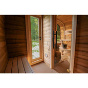 Leil® Round Cube Double – Premium Gartensauna 2 Räume von Leil® Saunas mit zwei getrennten Innenräumen, Holzbänke und Panoramafenster zum Garten