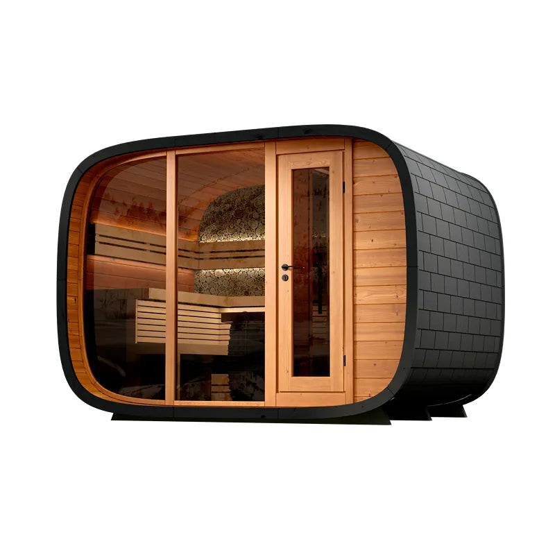 Leil® Round Cube Double Premium Gartensauna 2 Räume von Leil® Saunas mit Holzinnenraum und Sitzbänken