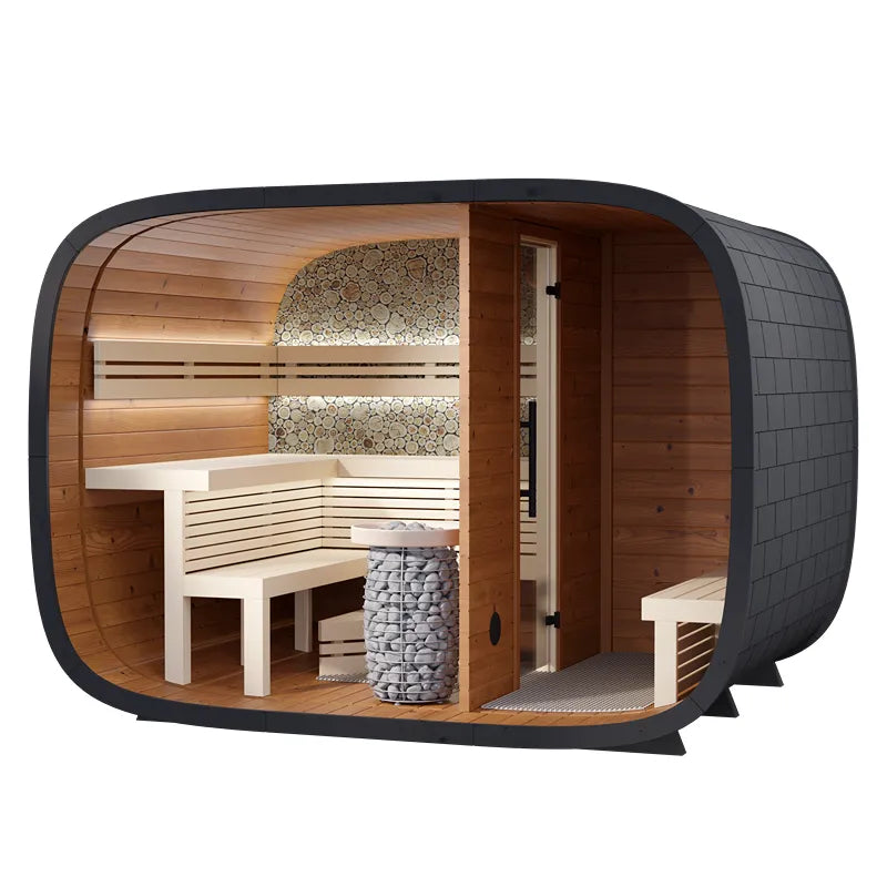 Leil® Round Cube Double Premium Gartensauna 2 Räume von Leil® Saunas mit Holzbänken, Saunaofen und modernem Design