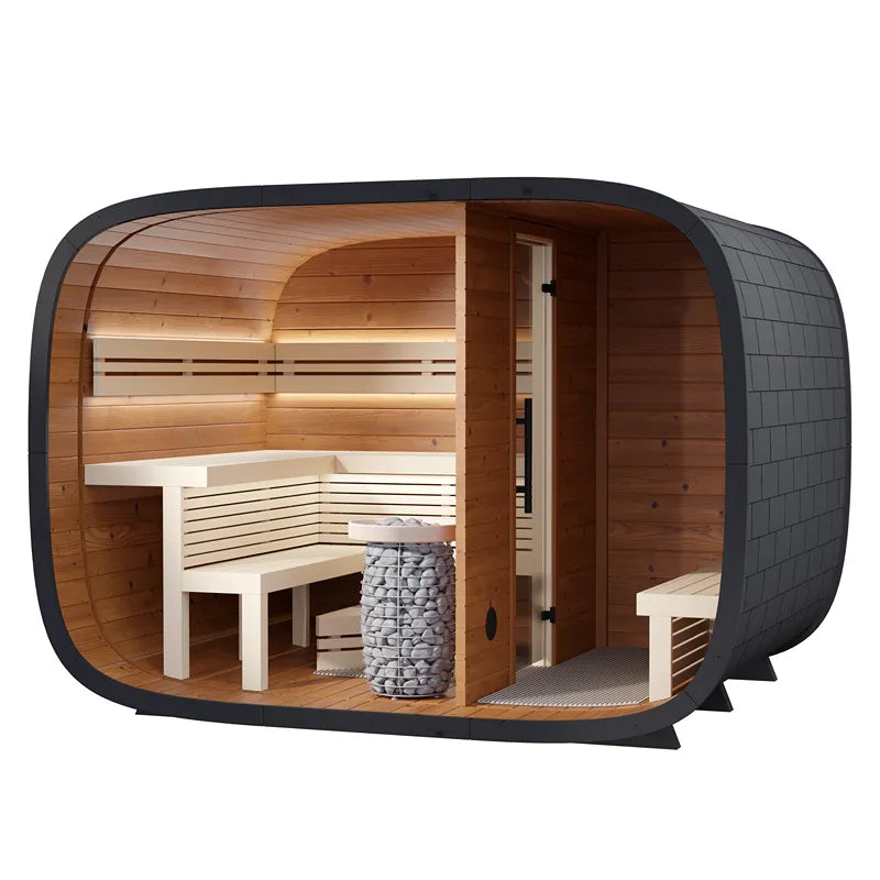 Leil® Round Cube Double Premium Gartensauna mit 2 Räumen von Leil® Saunas, Innenansicht mit Holzbänken und Saunaofen