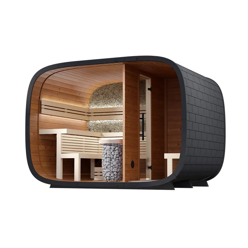 Leil® Round Cube Double Premium Gartensauna 2 Räume von Leil® Saunas mit Holzinnenausstattung und Saunaofen