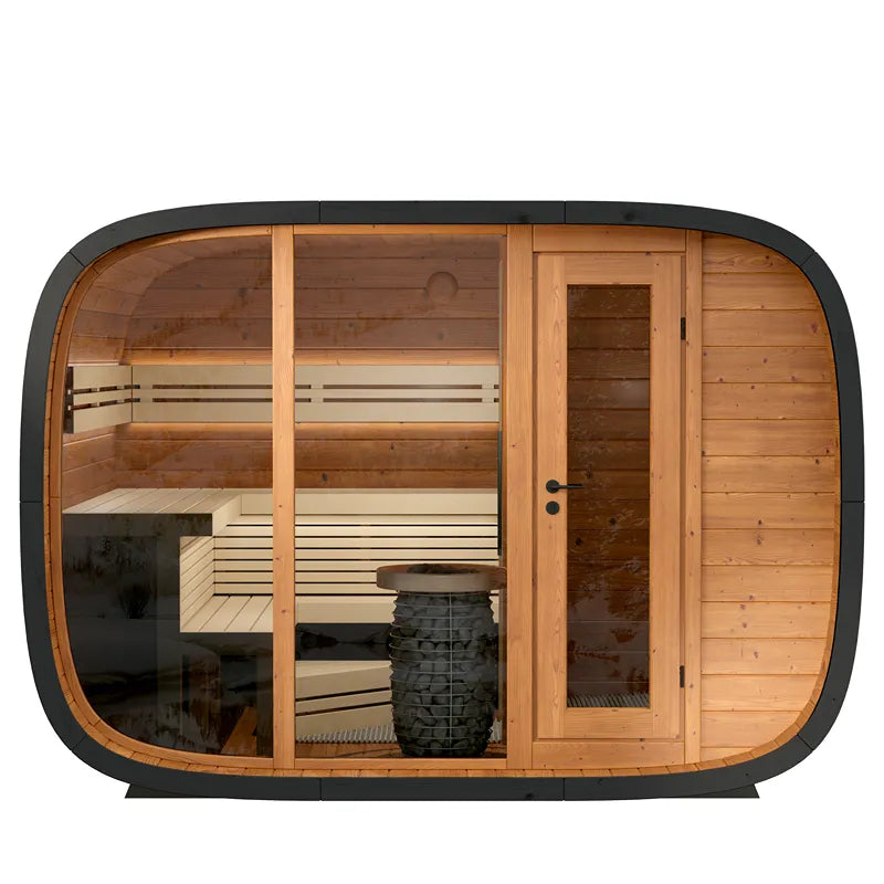 Leil® Round Cube Double Premium Gartensauna 2 Räume mit Holzbank und Saunaofen