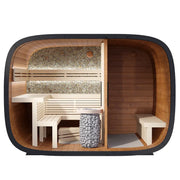 Leil® Round Cube Double Premium Gartensauna mit 2 Räumen, Innenansicht von oben mit Saunakammer, Ruhebereich und Saunaofen von Leil® Saunas
