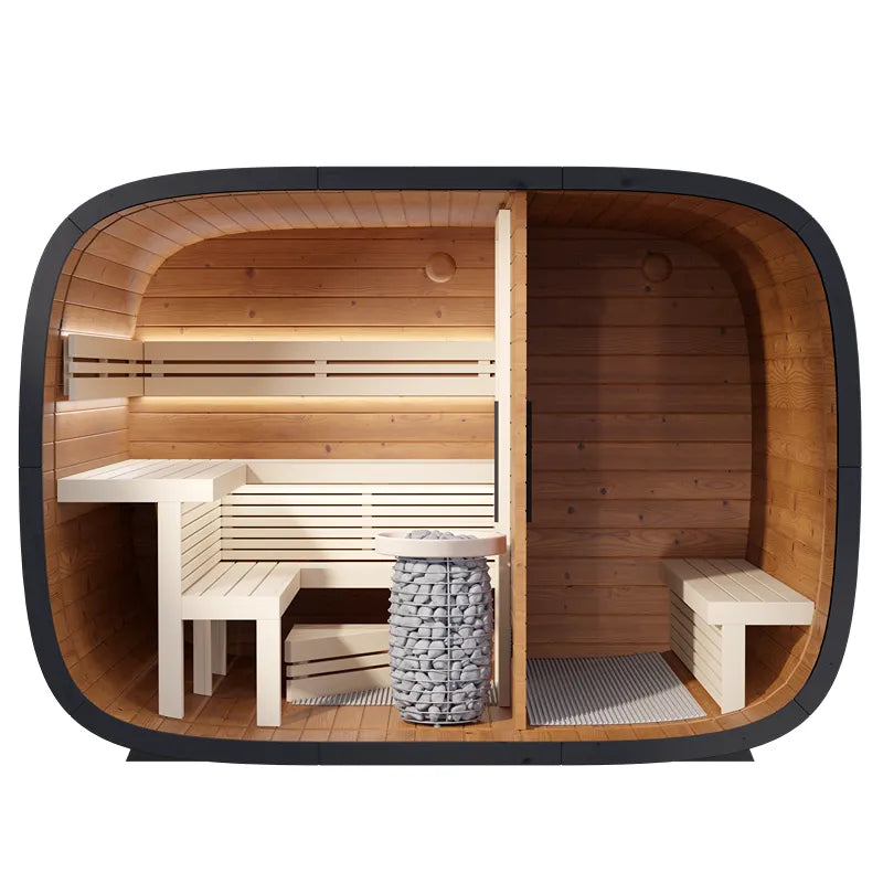 Leil® Round Cube Double Premium Gartensauna 2 Räume Innenansicht mit Holzbänken und Saunaofen