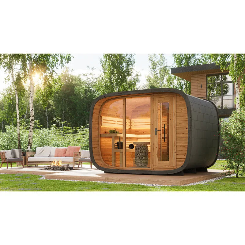 Leil® Round Cube Double Premium Gartensauna 2 Räume mit Holzverkleidung und schwarzem Dach im Garten