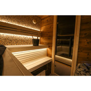 Leil® Round Cube Double Gartensauna Innenraum mit Holzbänken, Beleuchtung und Holzwand-Dekoration