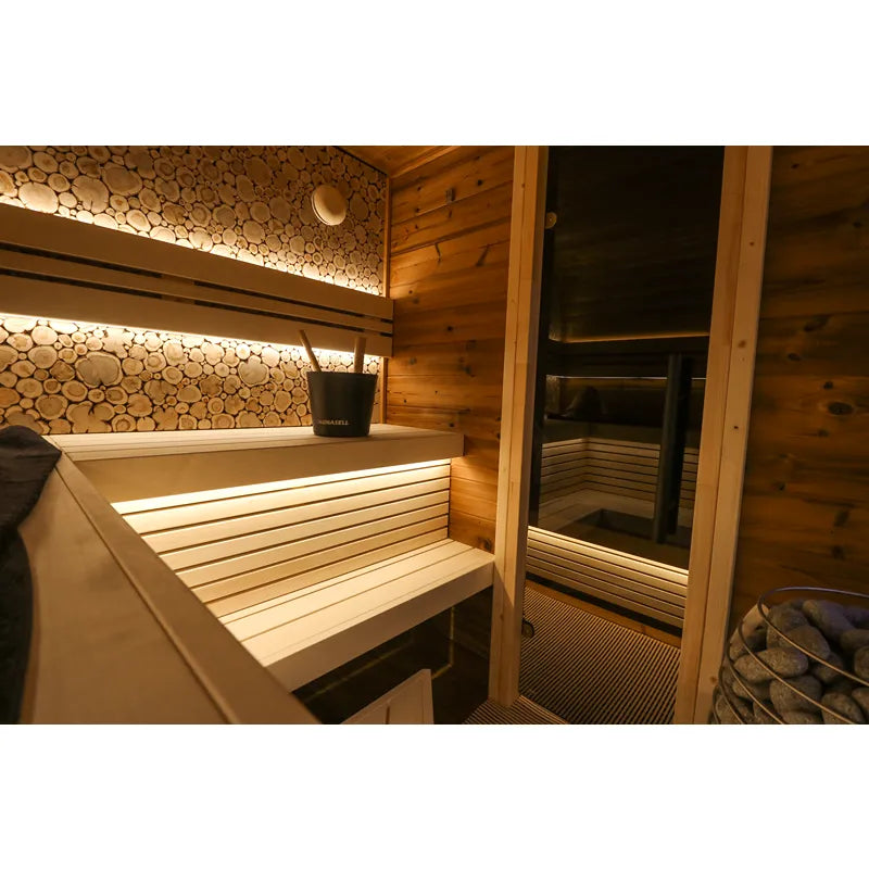 Leil® Round Cube Double Gartensauna Innenraum mit Holzbänken, Beleuchtung und Holzwand-Dekoration