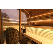 Leil® Round Cube Double – Premium Gartensauna 2 Räume Innenraum mit Holzbänken, LED-Beleuchtung und Saunaofen