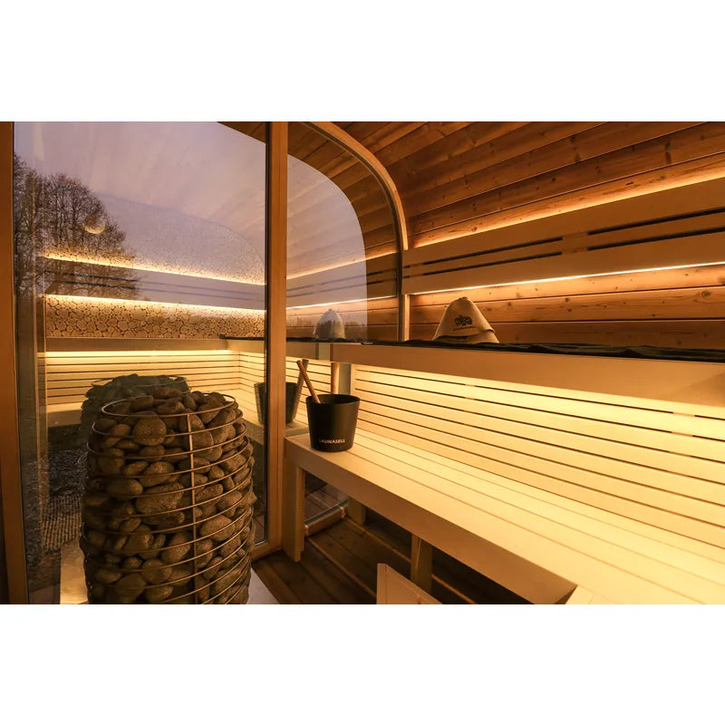 Leil® Round Cube Double – Premium Gartensauna 2 Räume Innenraum mit Holzbänken, LED-Beleuchtung und Saunaofen