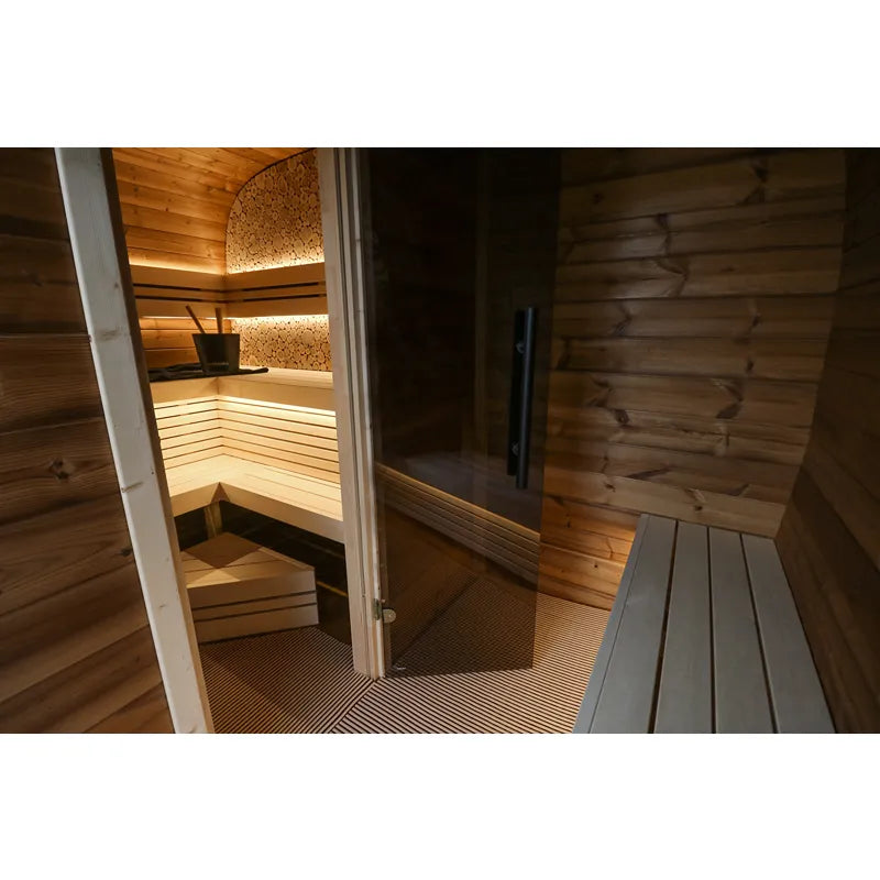 Leil® Round Cube Double Premium Gartensauna mit zwei beleuchteten Saunaräumen, Holzbänken und moderner Ausstattung