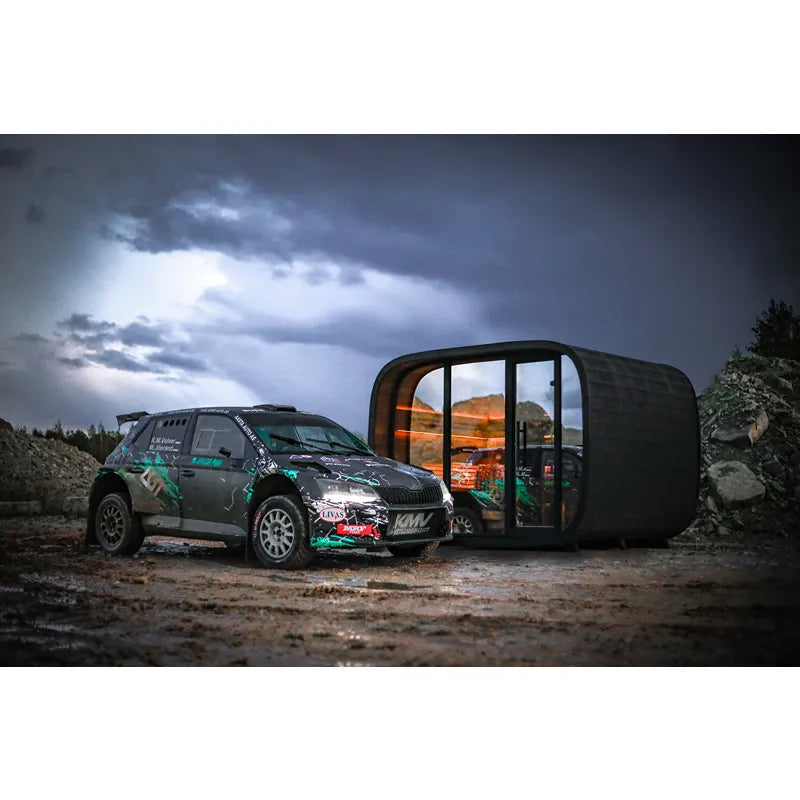Leil® Round Cube Double Premium Gartensauna mit 2 Räumen von Leil® Saunas in Berglandschaft