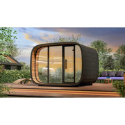 Leil® Round Cube Double – Premium Gartensauna 2 Räume mit modernem Design im Garten, großzügige Glisfassade und beleuchteter Holzterrasse