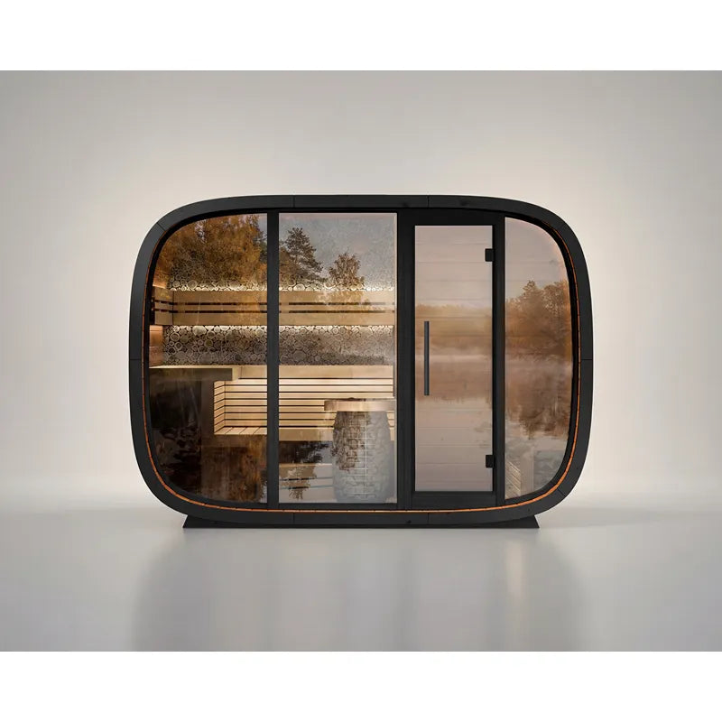 Leil® Round Cube Double Premium Gartensauna 2 Räume mit schwarzem Rahmen, Holzinnenausstattung und großen Panoramafenstern