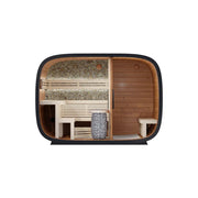 Leil® Round Cube Double Gartensauna Innenansicht mit zwei Räumen, Holzbänken und Saunaofen